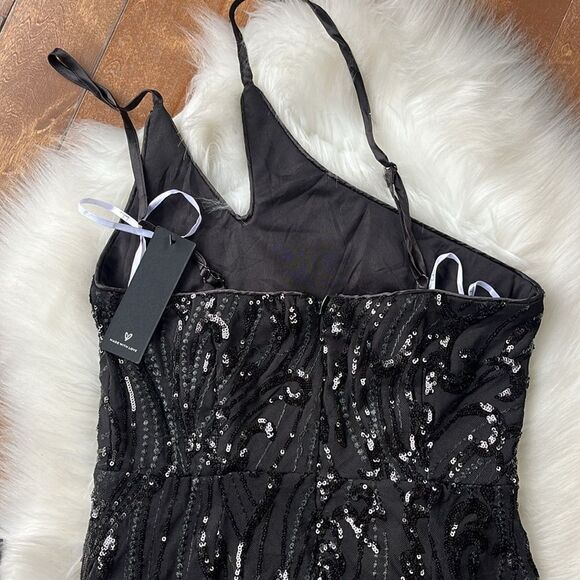 NWT Lulus Black Sequin One-Shoulder Mini Dress M Party Clubwear Stretchy - Picture 8 of 12